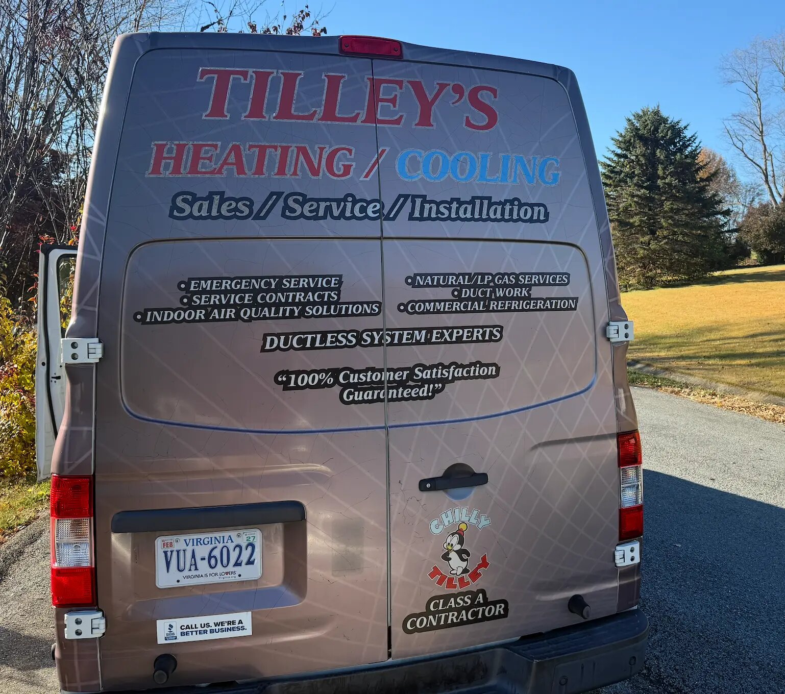 Tilley's services listed on the back of the van