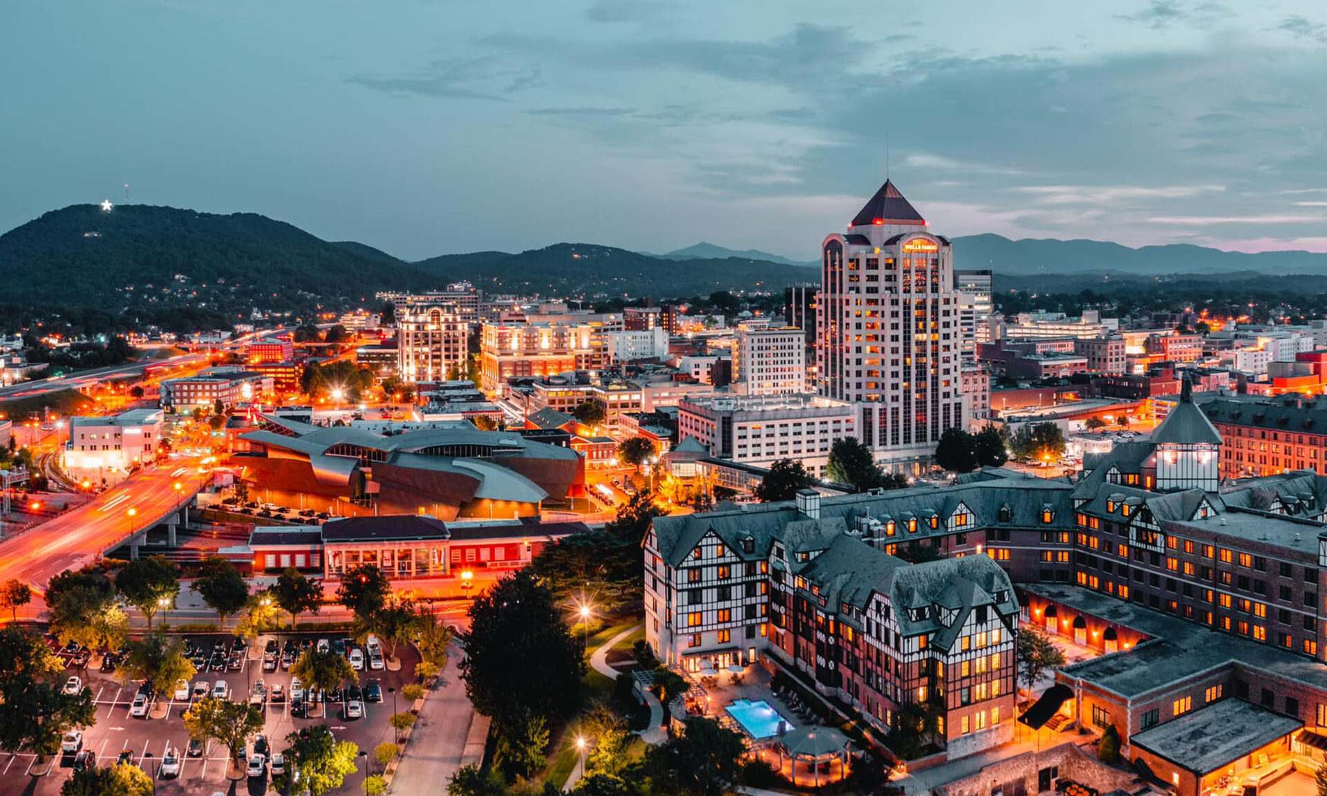 Downtown Roanoke, Virginia at dusk